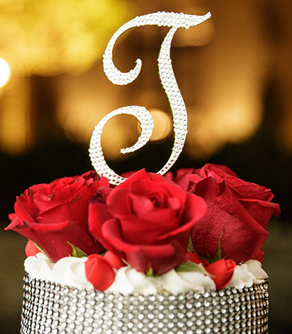crystal cake topper fresh roses